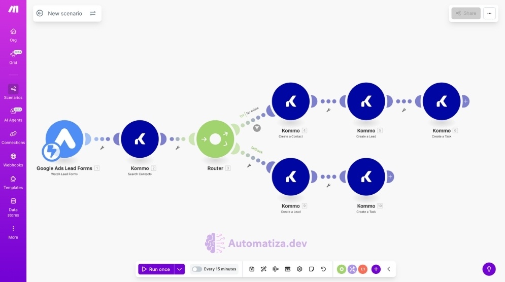 Transforma Leads de Google Ads en contactos y tareas en Kommo de forma automática