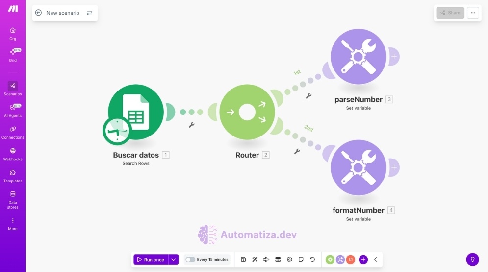 Uso de las funciones parseNumber y formatNumber en Make